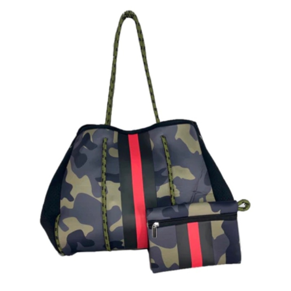 Camouflage Neoprene Tote with Red Stripe - Women Bags